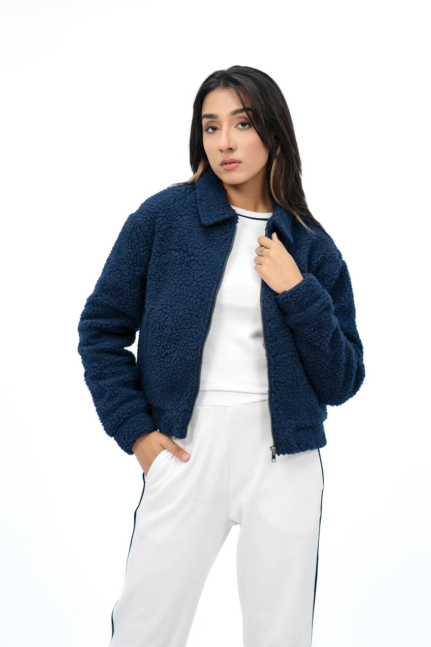 Stylish navy XAYWEAR women fur jacket with soft texture and zip closure for a trendy look