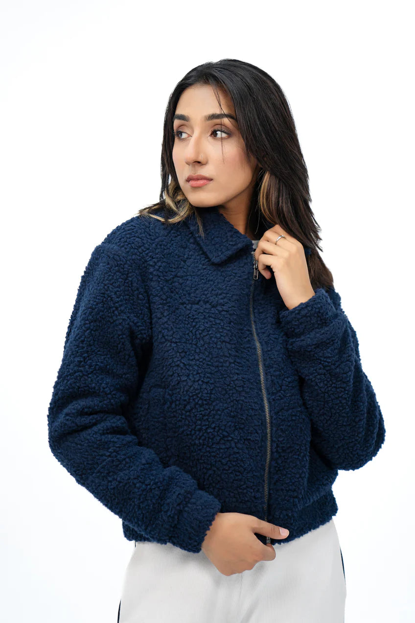 XAYWEAR women fur jacket in navy blue with cozy fleece texture and zip-up design