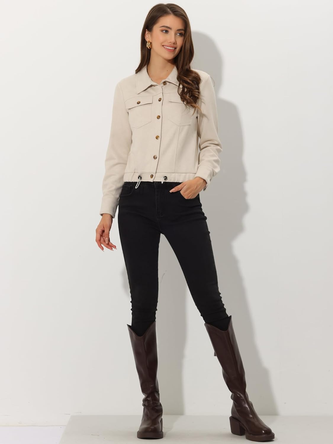 XAYWEAR beige women jacket with button front and drawstring waist worn with black pants and brown boots
