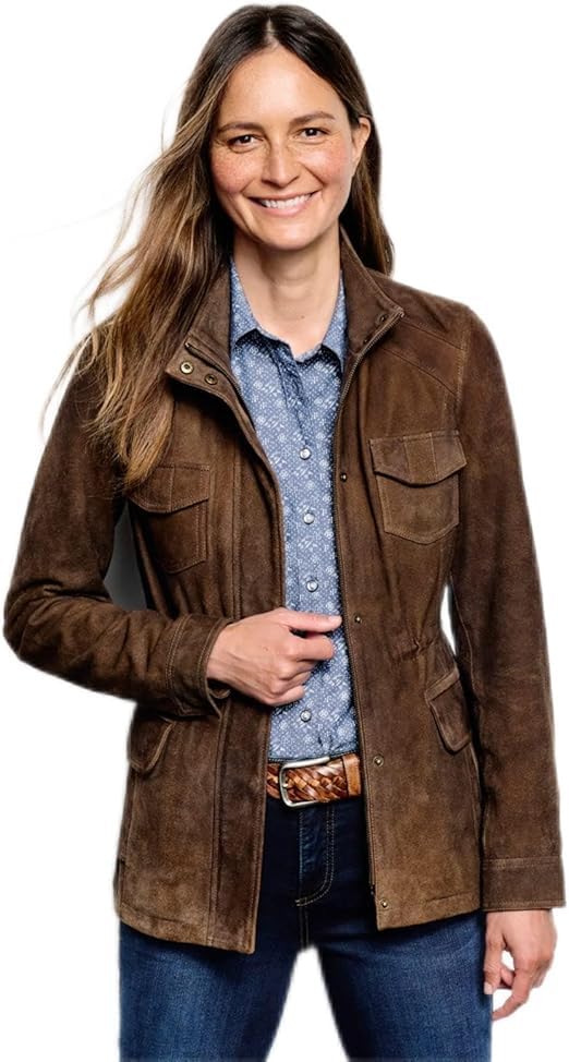 XAYWEAR brown suede women jacket with front pockets and button closure styled with a blue shirt and jeans