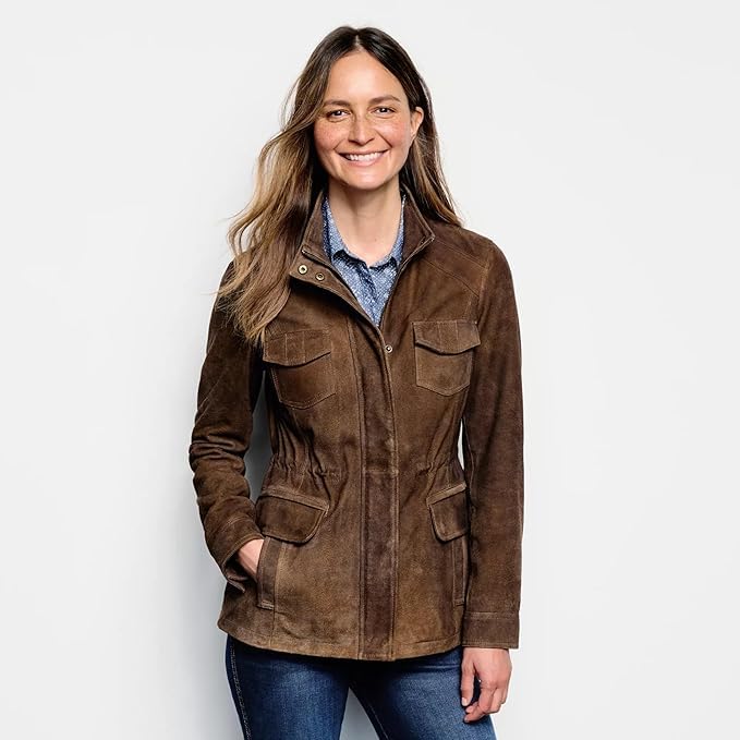 XAYWEAR brown suede women jacket with multiple front pockets and zipper closure