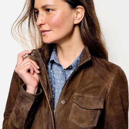 XAYWEAR brown suede women jacket with front pockets and snap button closure on model