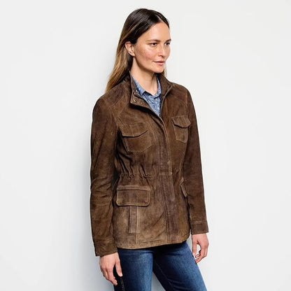 XAYWEAR brown suede women jacket with front pockets and zipper closure modeled with blue jeans