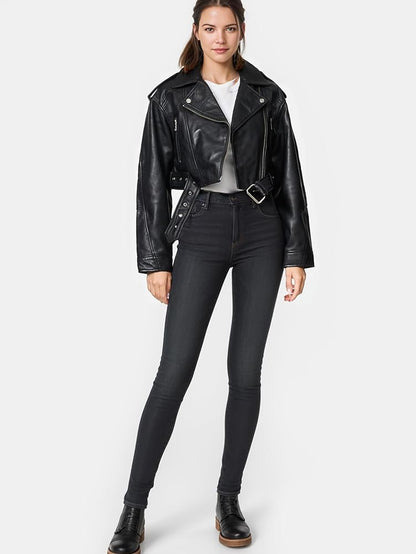 XAYWEAR black women leather jacket biker style with belt worn by model with black pants and boots