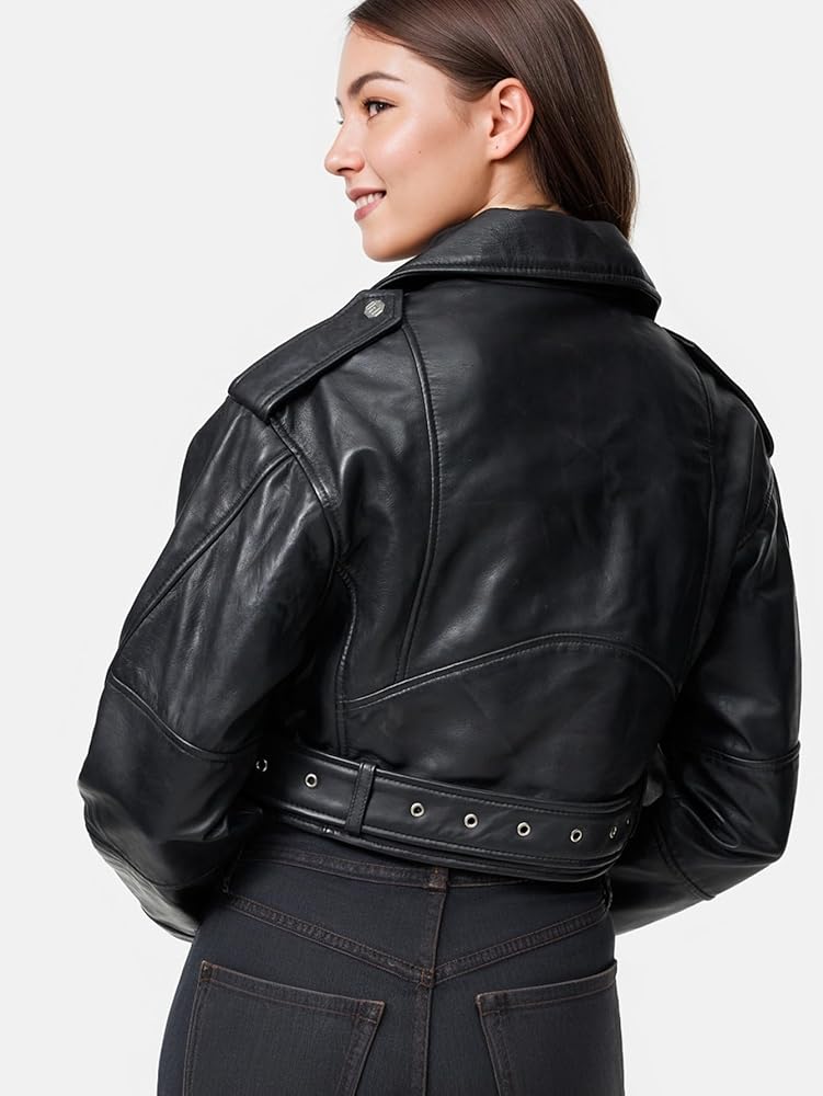 XAYWEAR black women leather jacket biker style with belt and button details shown from back