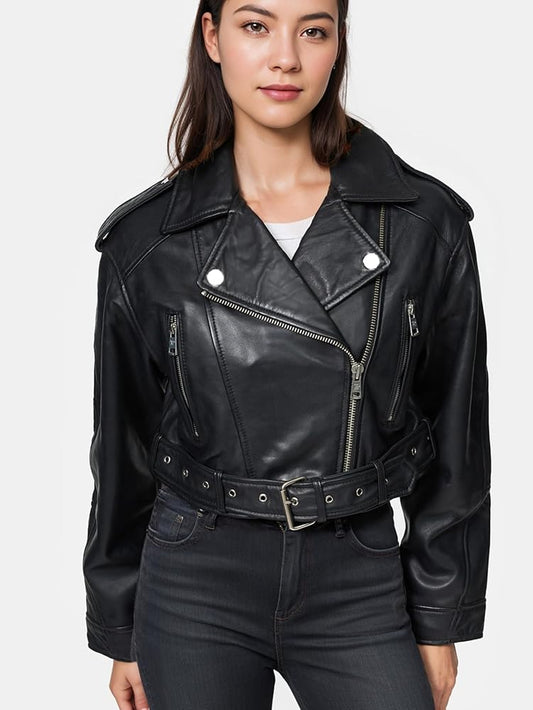 XAYWEAR women leather jacket black biker style with zipper and belted waist