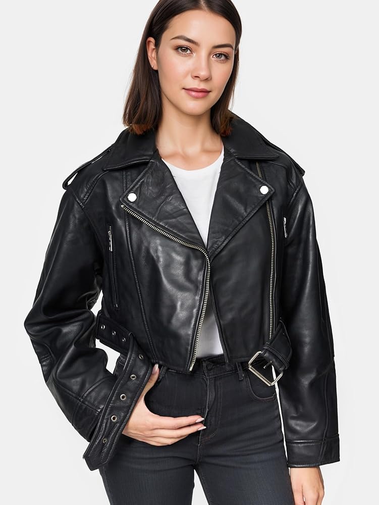 XAYWEAR women leather jacket black biker jacket with zipper and belt detail