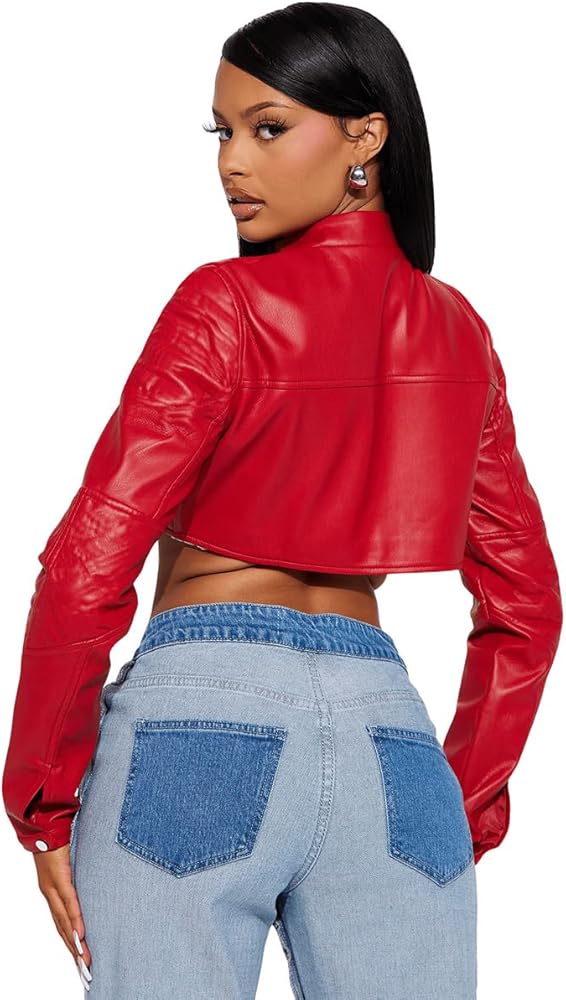 XAYWEAR red cropped women leather jacket worn with high-waisted blue jeans