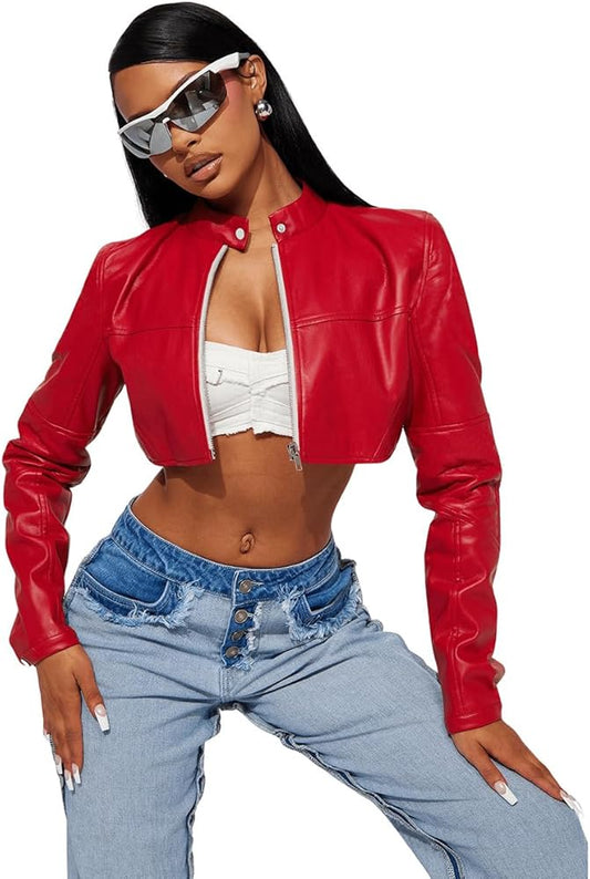 XAYWEAR red cropped women leather jacket styled with white crop top and high-waisted jeans