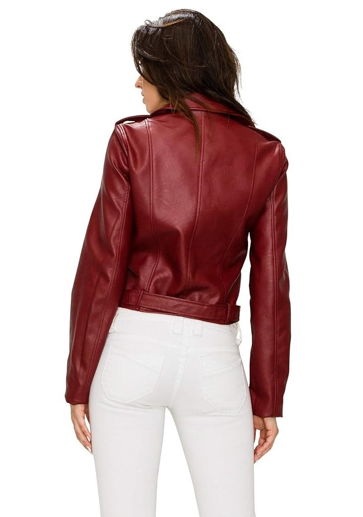XAYWEAR women moto leather jacket in red shown from the back on a model wearing white pants