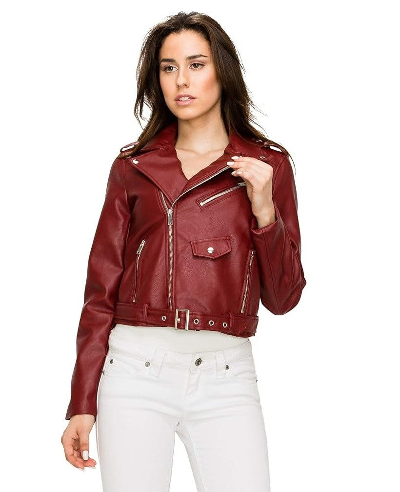 XAYWEAR women moto leather jacket in deep red with zipper and belt detail