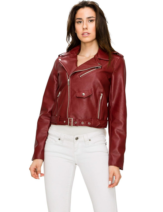 XAYWEAR red women moto leather jacket with zippered pockets and belted waist