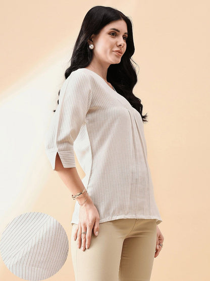 XAYWEAR beige striped women outfit with three-quarter sleeves and comfortable fit
