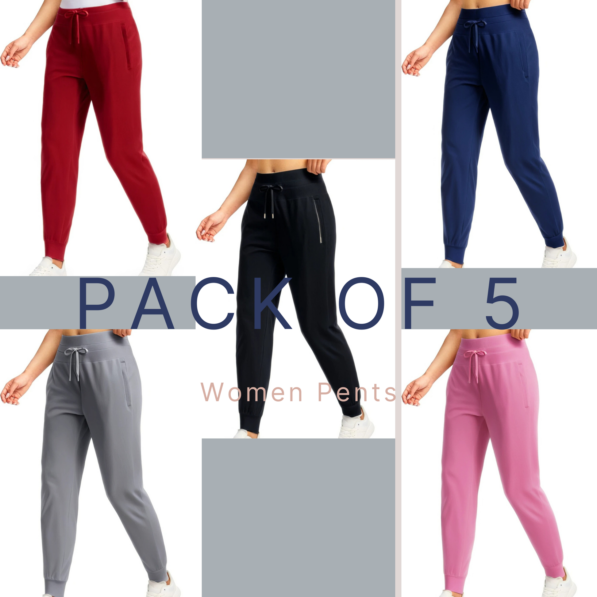 Pack of 5 XAYWEAR women pants in red navy black gray and pink with drawstring waist
