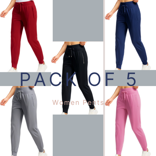 Pack of 5 XAYWEAR women pants in red navy black gray and pink with drawstring waist