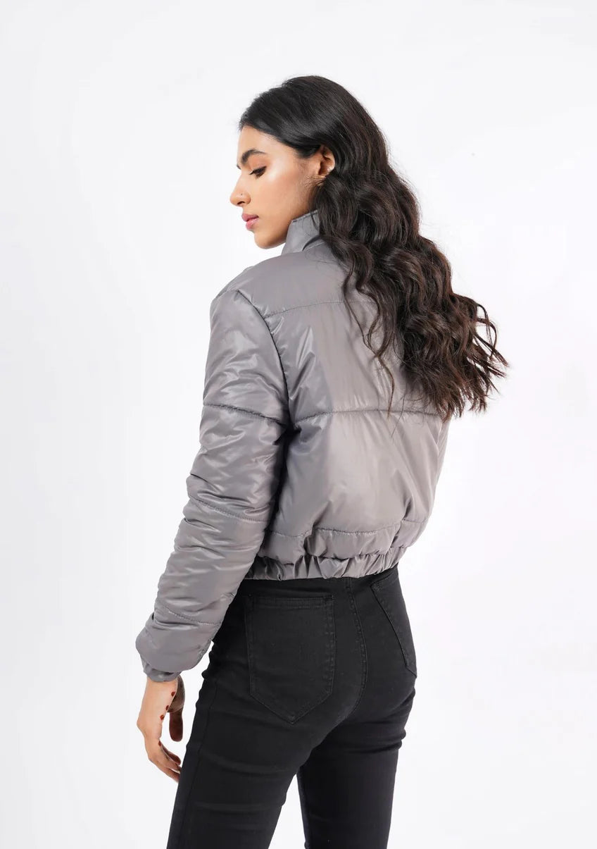 Stylish grey women puffer jacket by XAYWEAR with a cropped design and elastic hem