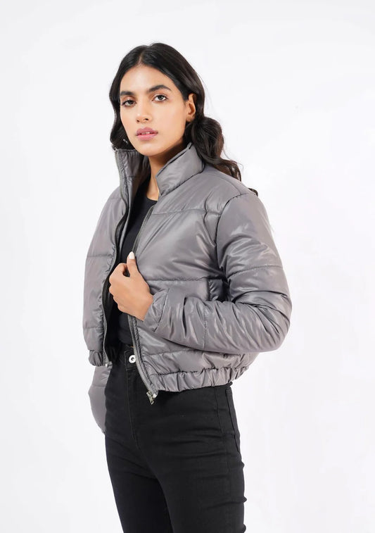 XAYWEAR Women's Puffer Jacket in Gray with a Cropped Fit and Stylish Design