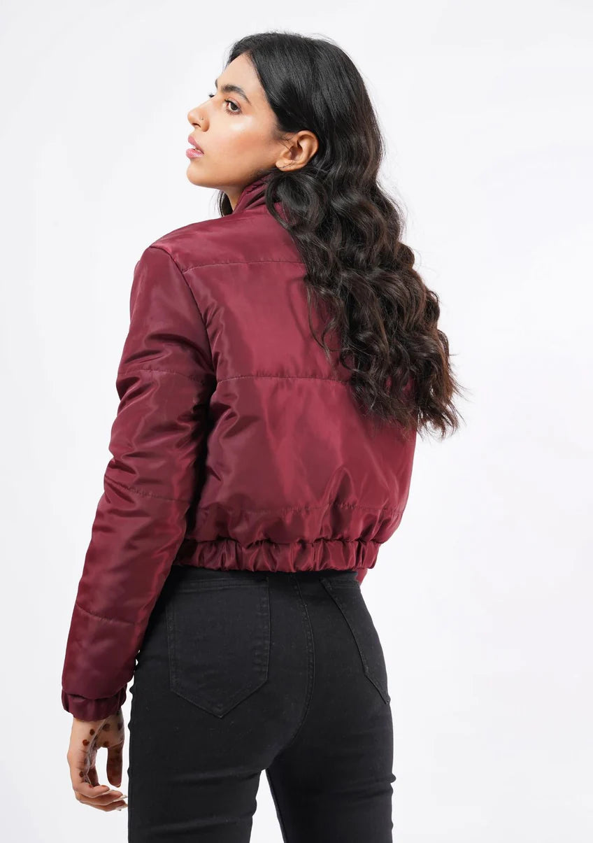 XAYWEAR Women's Puffer Jacket in Burgundy with a Stylish Cropped Design and Elastic Hem