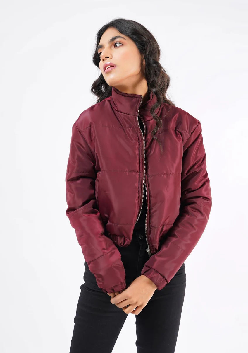 XAYWEAR women's puffer jacket in burgundy with a stylish cropped design and zipper front