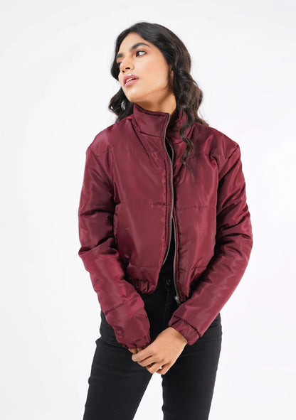 XAYWEAR women's puffer jacket in burgundy with a stylish cropped design and zipper front