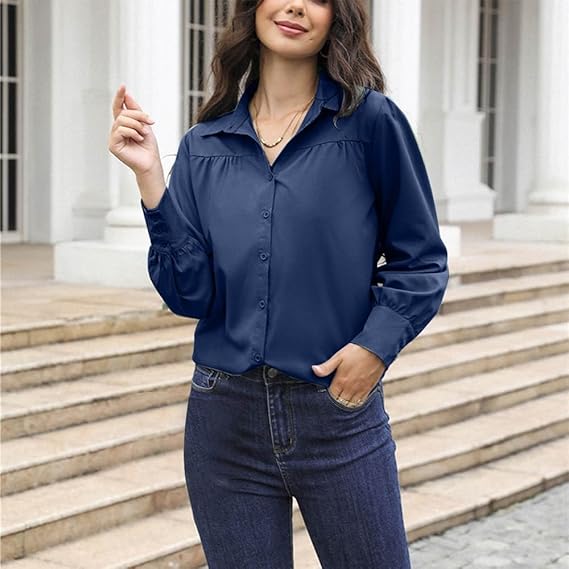 XAYWEAR navy blue button-up women shirts with long sleeves and collar, styled with dark jeans