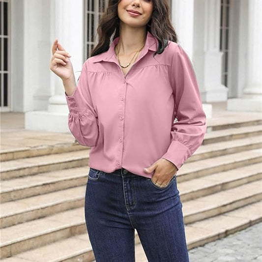 XAYWEAR pink button-up women shirts with long sleeves styled with dark blue jeans outdoors