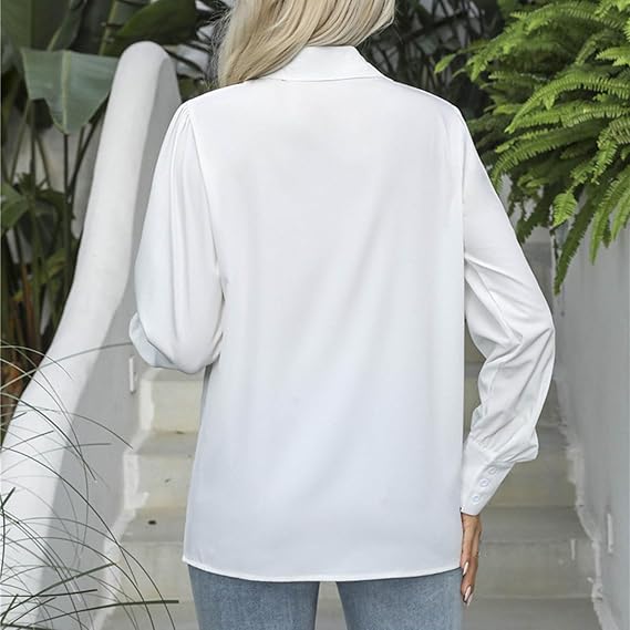 White long sleeve women shirts by XAYWEAR shown from the back with a relaxed fit and buttoned cuffs
