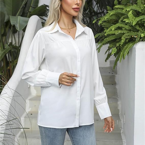 XAYWEAR white button-up women shirts with long puff sleeves and collar for casual wear