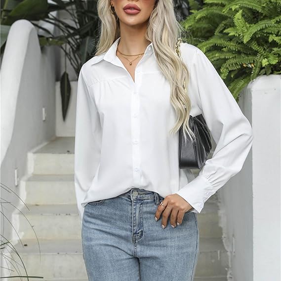 XAYWEAR classic white button-up women shirts with long sleeves and collar, styled with jeans