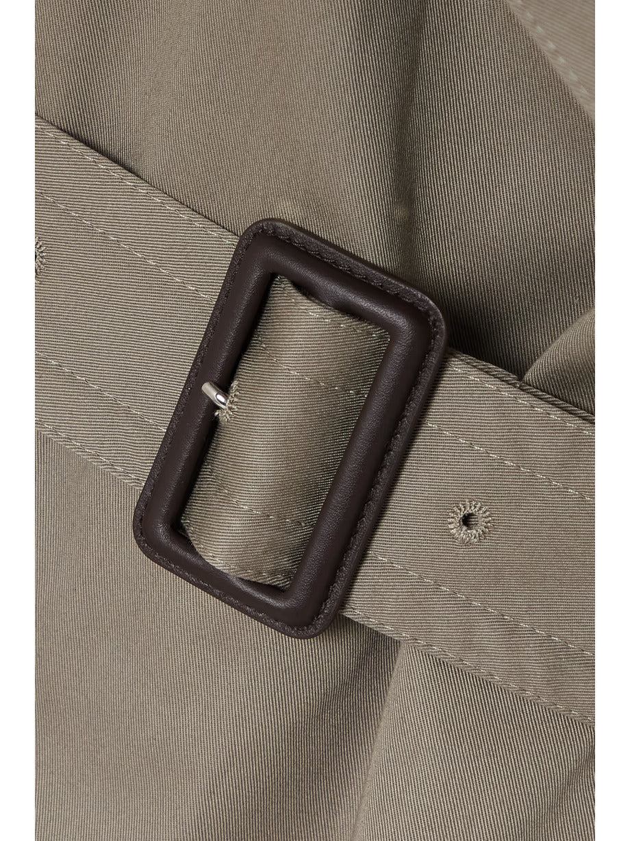 Close-up detail of XAYWEAR women trench coat beige fabric belt with dark buckle