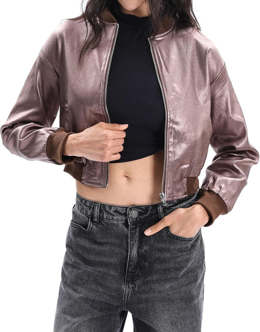 XAYWEAR women trim jacket leather blazer in metallic brown with full zip and cropped design