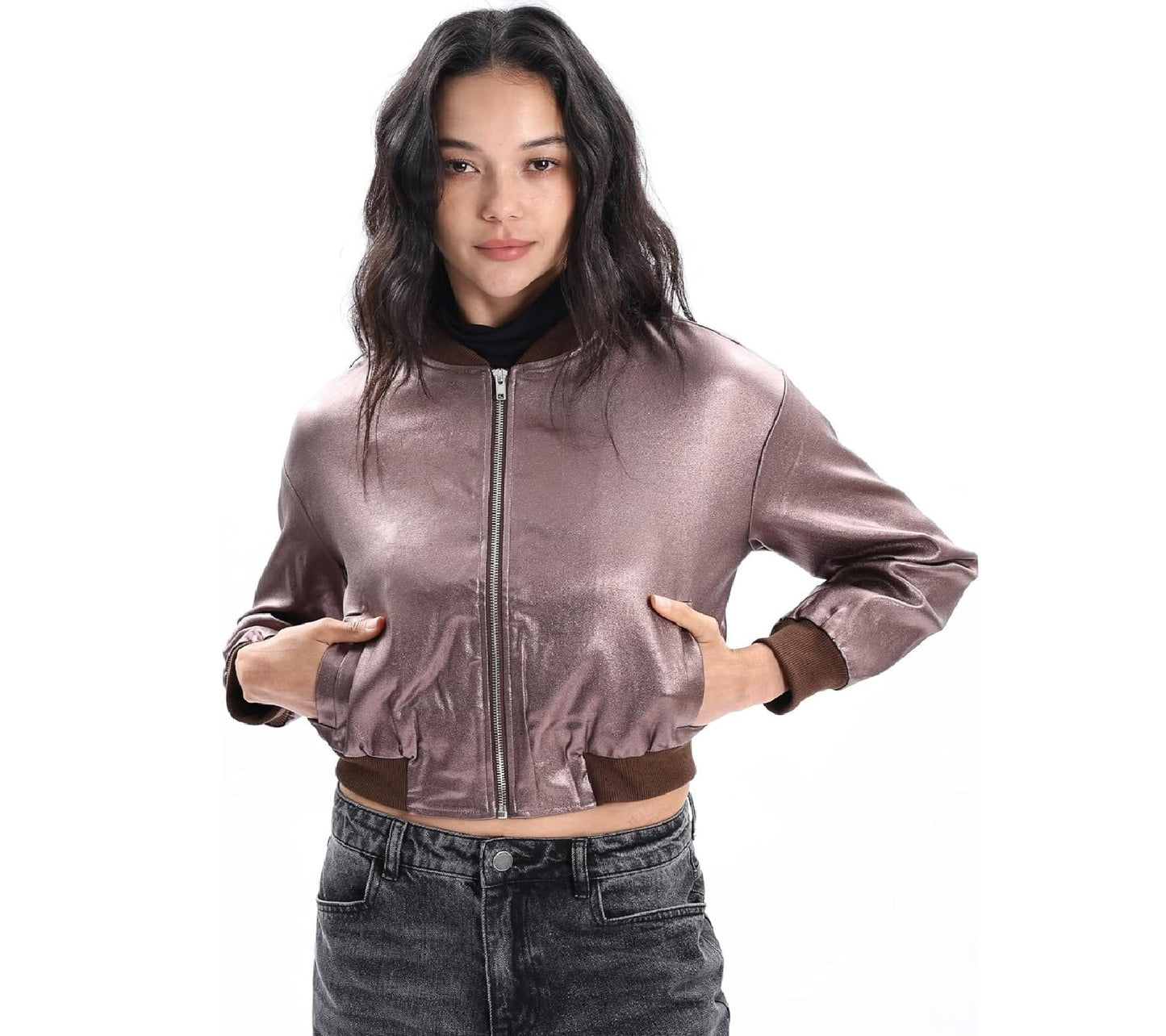 XAYWEAR women trim jacket leather blazer in metallic brown with front zipper and side pockets