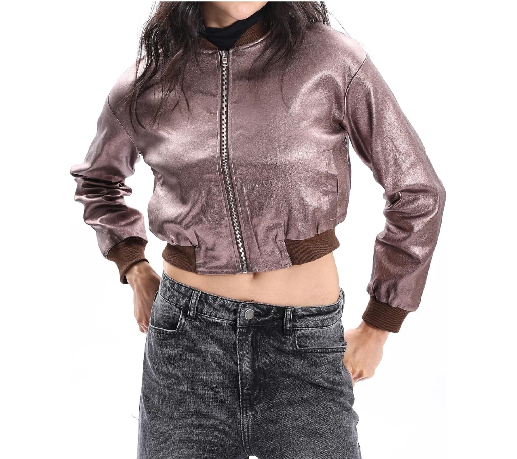 XAYWEAR leather women trim jacket in metallic brown with zipper front and ribbed cuffs