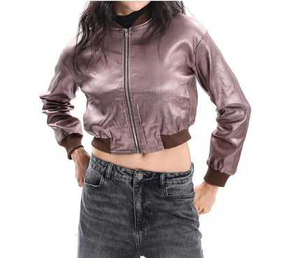 XAYWEAR leather women trim jacket in metallic brown with zipper front and ribbed cuffs