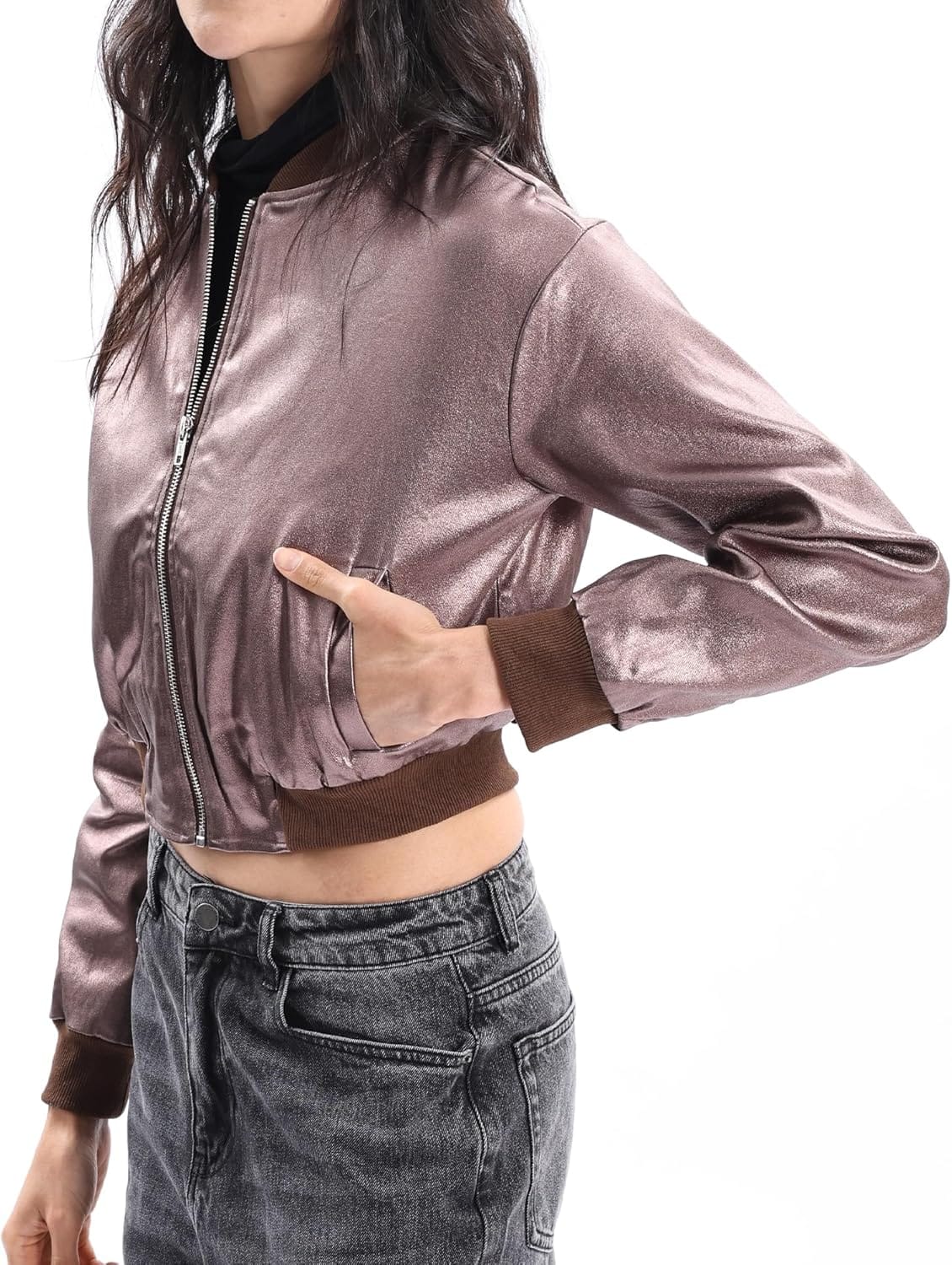 XAYWEAR women trim jacket leather blazer with zipper and brown cuffs
