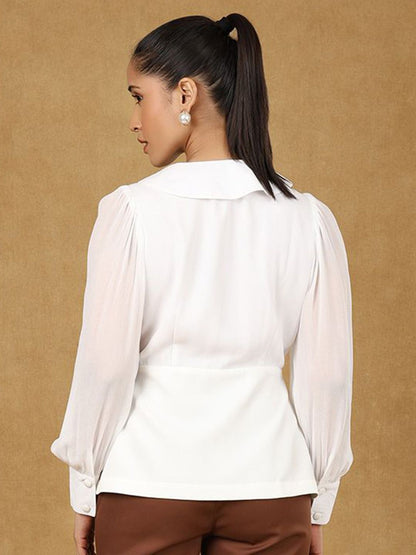 XAYWEAR white blouse for women with long sleeves and buttoned cuffs shown from back view