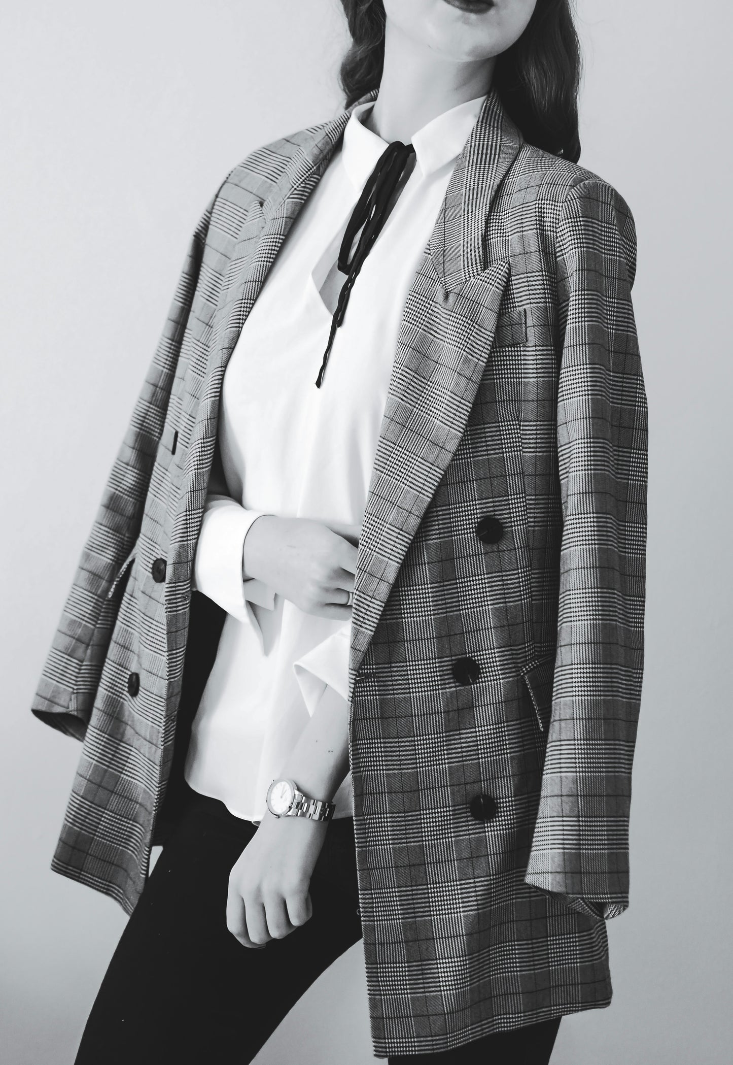 XAYWEAR women white shirt paired with a plaid double-breasted blazer and black pants