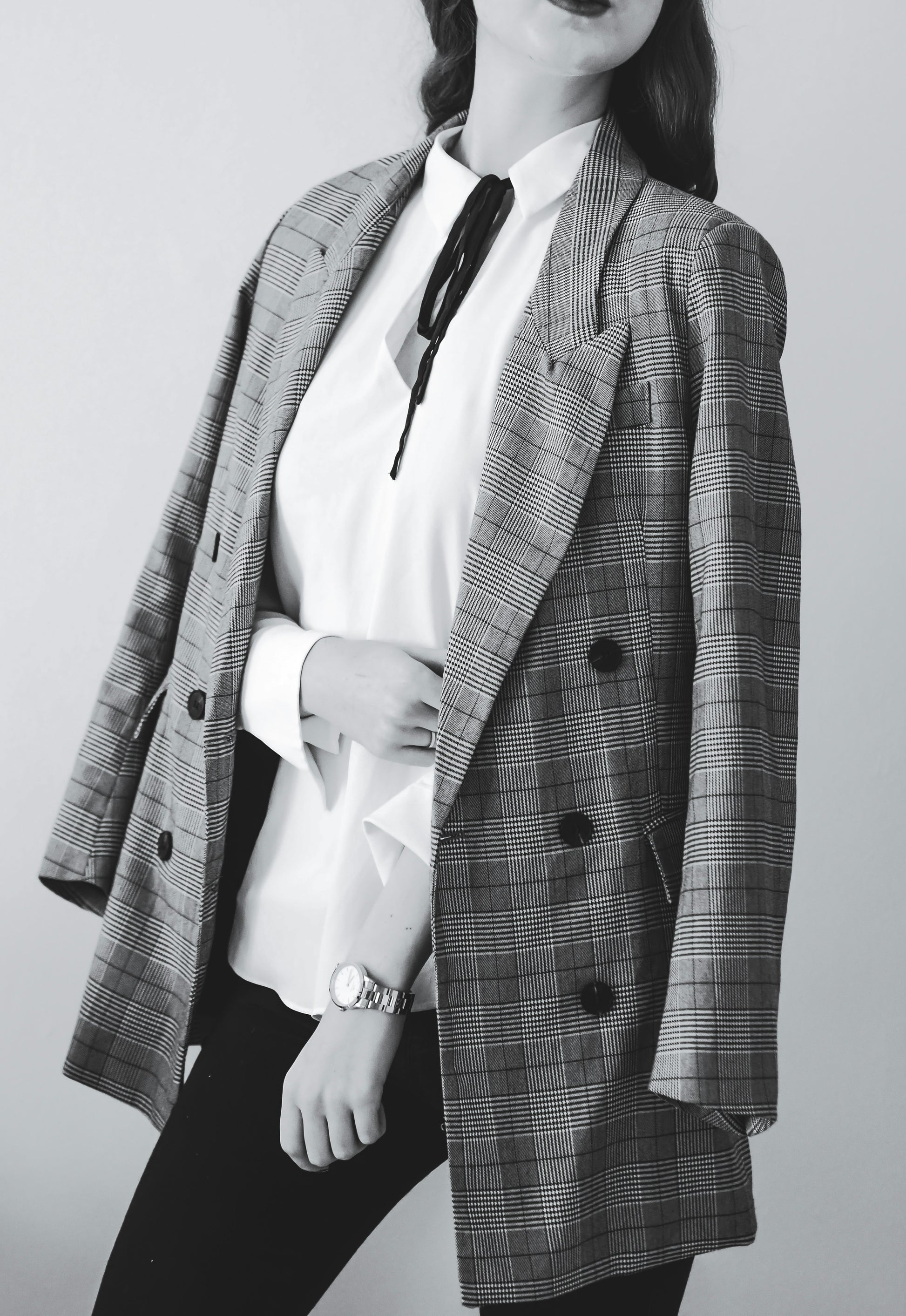 XAYWEAR women white shirt paired with a plaid double-breasted blazer and black pants