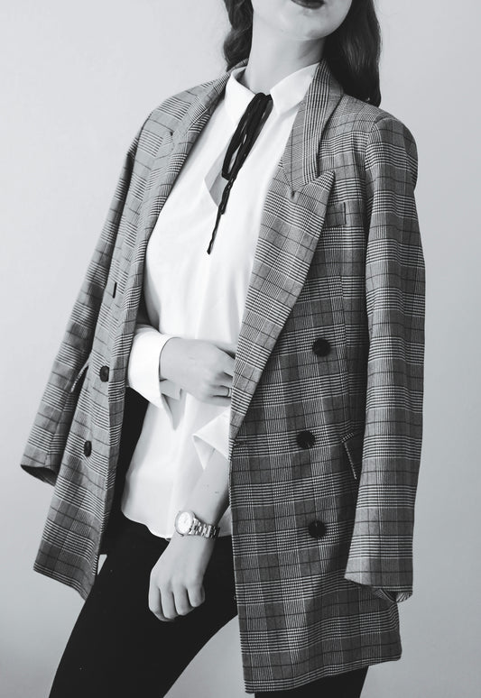 XAYWEAR women white shirt paired with a plaid double-breasted blazer and black pants