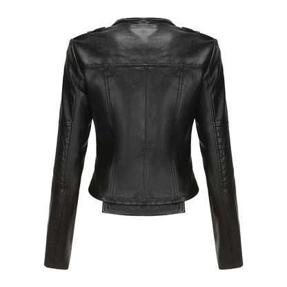 XAYWEAR black leather jacket for women biker jacket shown from the back with detailed stitching