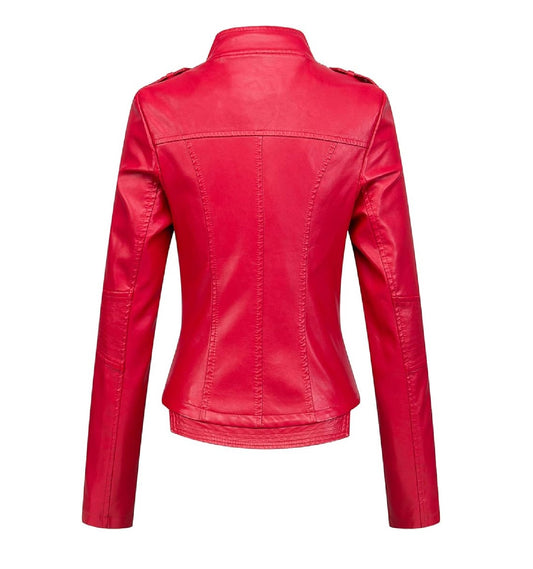 XAYWEAR red biker style leather jacket for women with fitted design and long sleeves