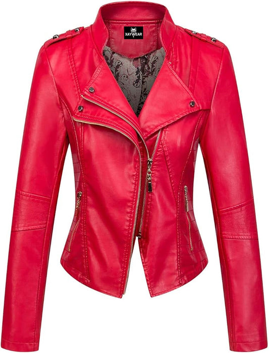 XAYWEAR red leather jacket for women biker style with front zipper and fitted design