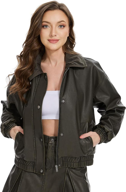 XAYWEAR women's faux leather bomber jacket in dark green with elastic cuffs and pockets