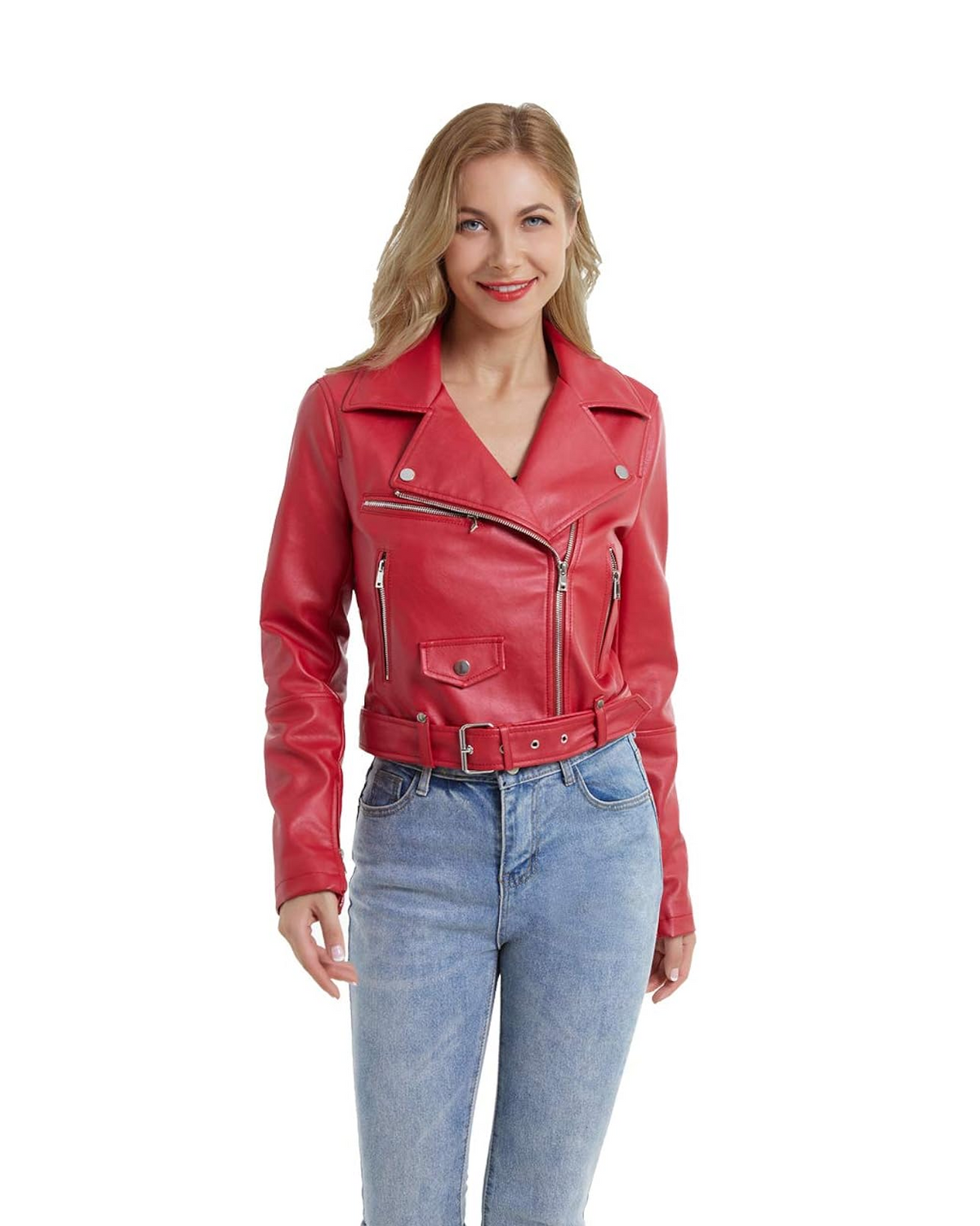 XAYWEAR Stylish Vegan Red Faux Leather Jacket for Women