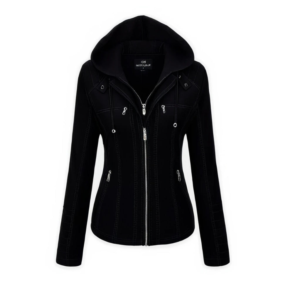XAYWEAR black leather jacket for women with hood and front zipper pockets