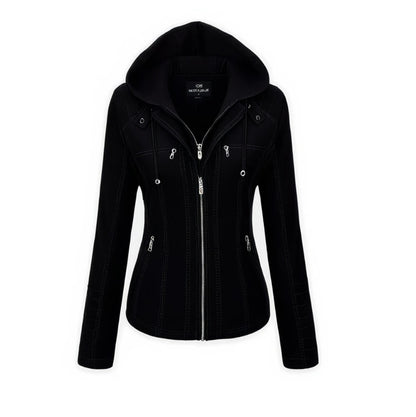 XAYWEAR black leather jacket for women with hood and front zipper pockets