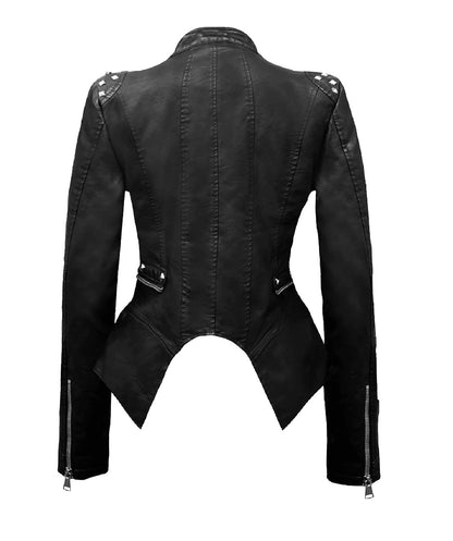 XAYWEAR black leather jacket for women with fitted silhouette and zipper details on sleeves