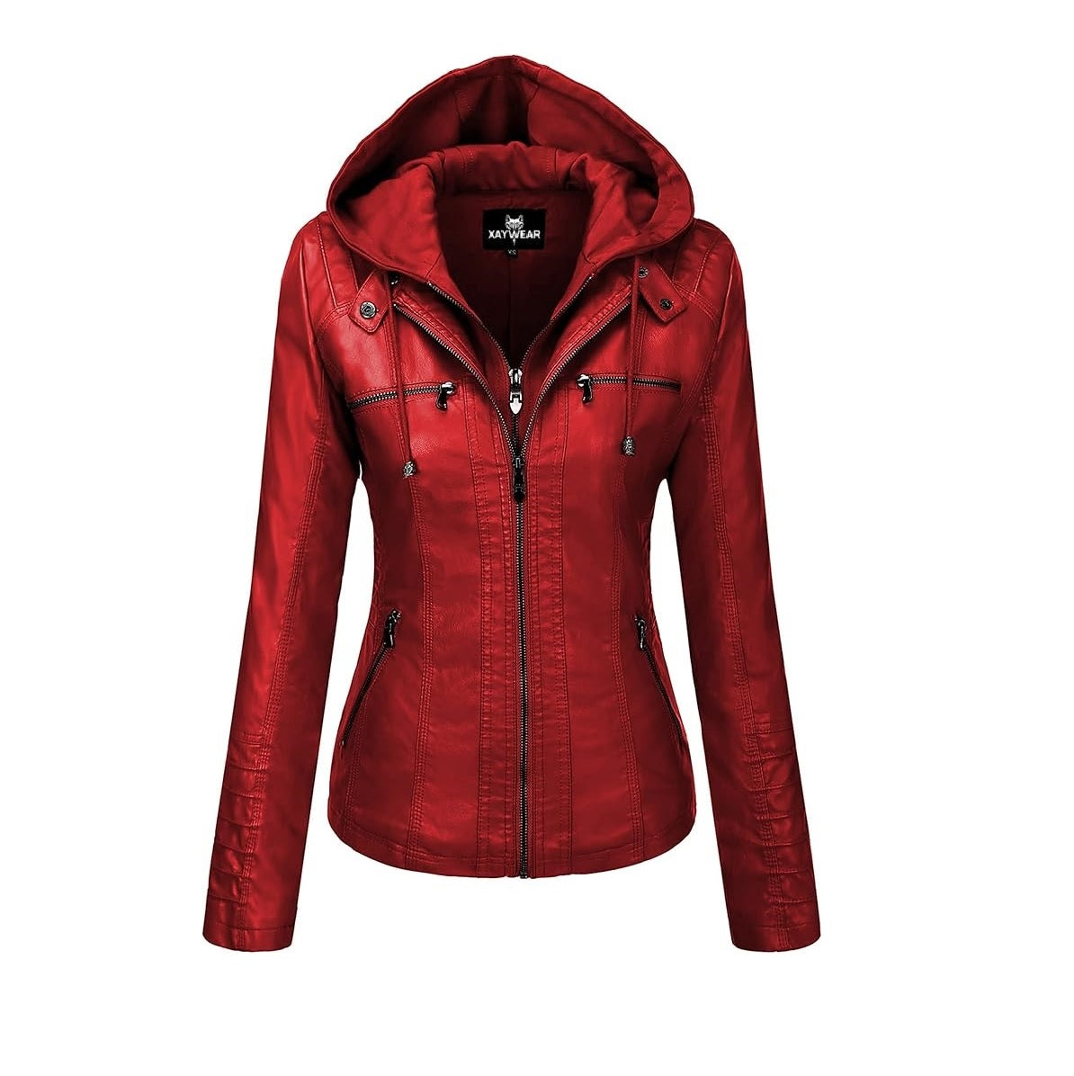 XAYWEAR red leather jacket for women with a hood and zippered pockets