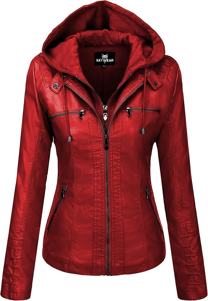 XAYWEAR red leather jacket for women with hood and front zipper pockets