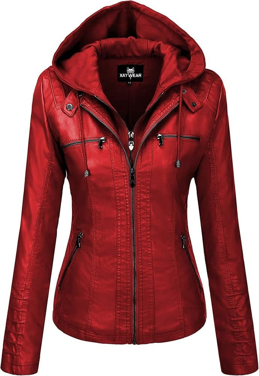 XAYWEAR red leather jacket for women with hood and front zipper pockets